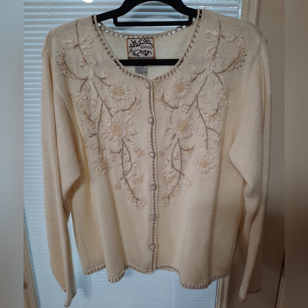 VINTAGE Heirloom Collectibles sweater/cardigan embroidered/beaded wool/cotton